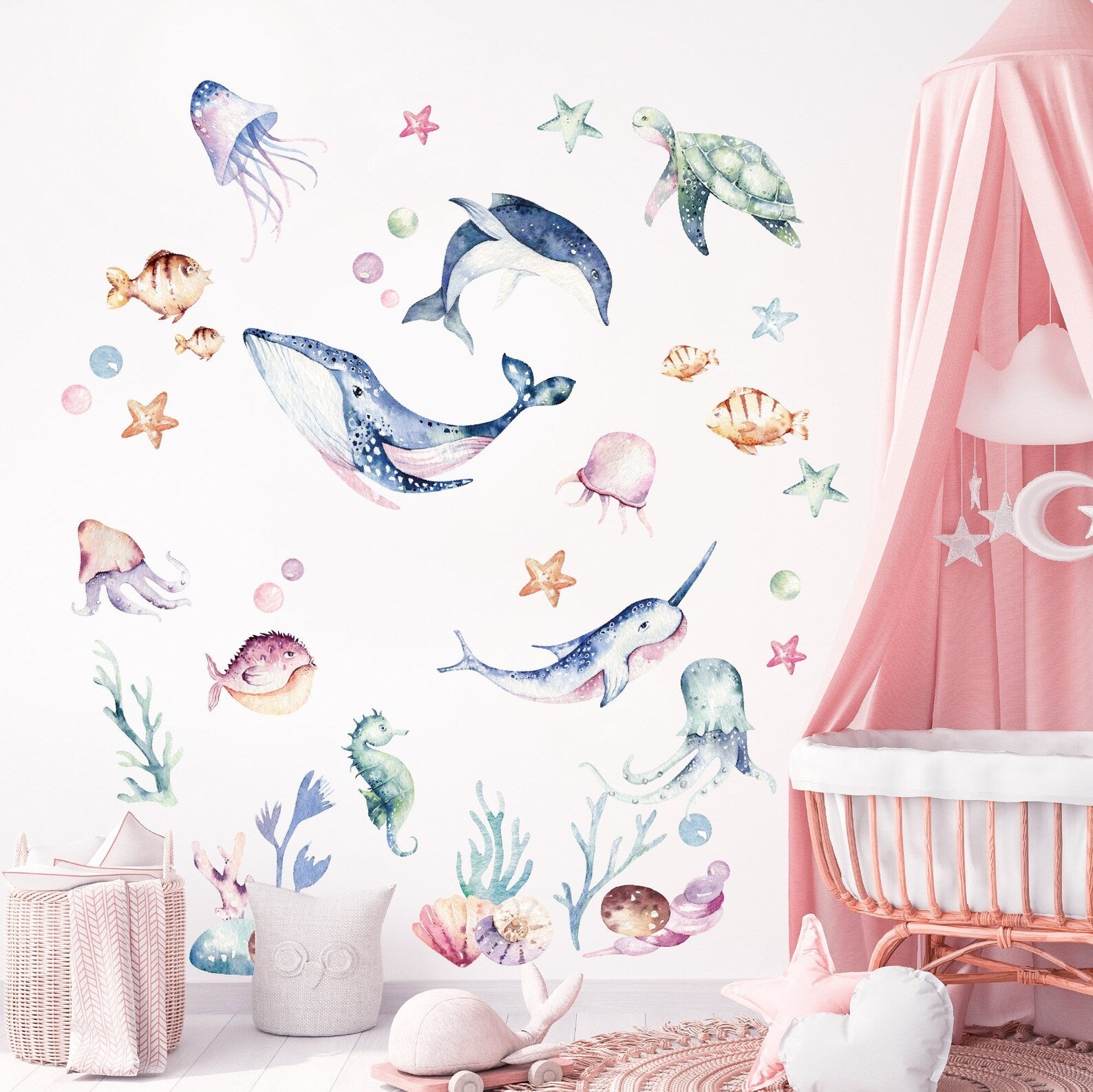 Vinilos decorativos Adhesivos infantiles de Pared animales marinos acuarelados coloridos