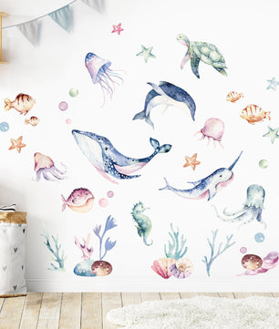 Vinilos decorativos Adhesivos infantiles de Pared animales marinos acuarelados coloridos