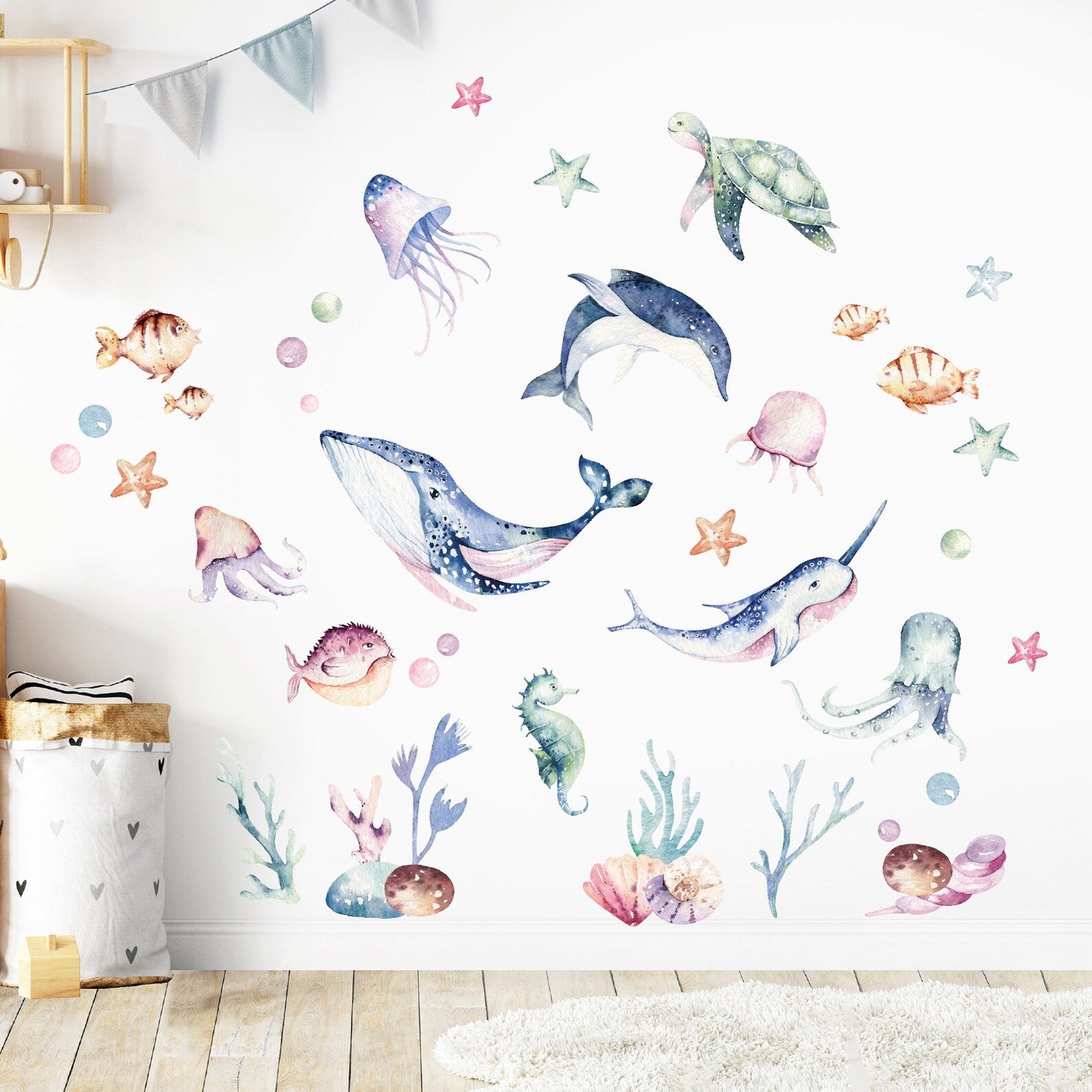 Vinilos decorativos Adhesivos infantiles de Pared animales marinos acuarelados coloridos
