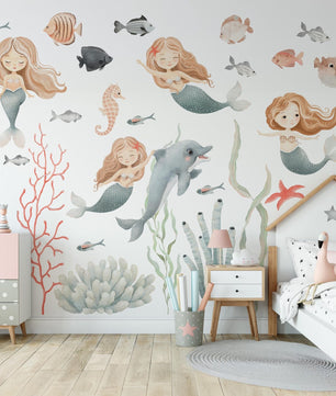 Vinilos decorativos Adhesivos infantiles de Pared animales marinos con algas y sirenas