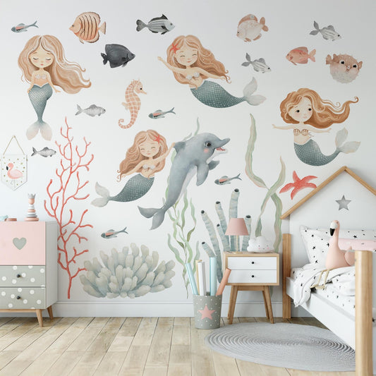 Vinilos decorativos Adhesivos infantiles de Pared animales marinos con algas y sirenas