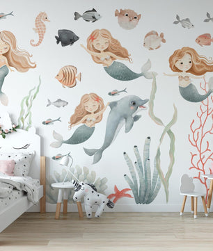 Vinilos decorativos Adhesivos infantiles de Pared animales marinos con algas y sirenas