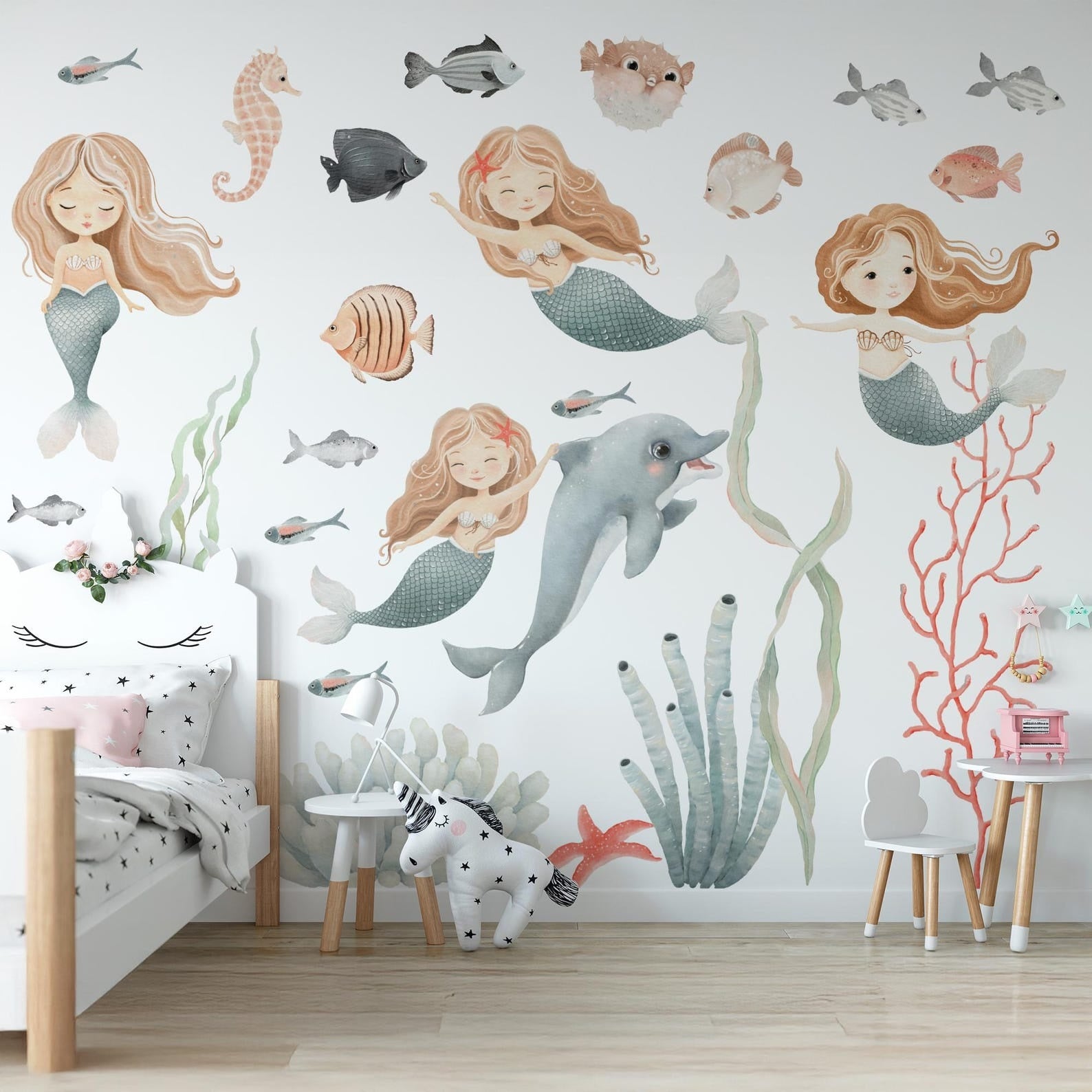 Vinilos decorativos Adhesivos infantiles de Pared animales marinos con algas y sirenas