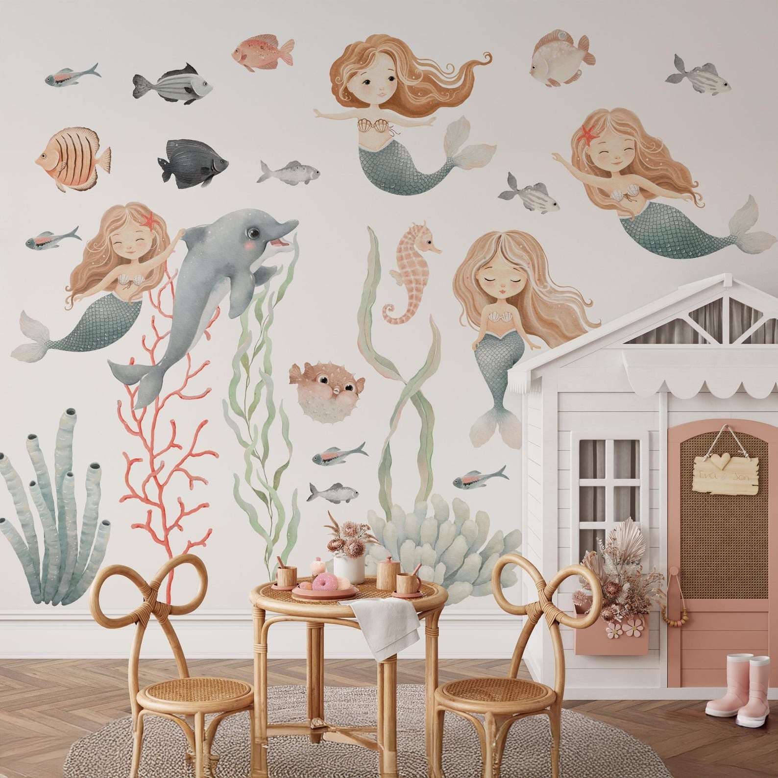 Vinilos decorativos Adhesivos infantiles de Pared animales marinos con algas y sirenas