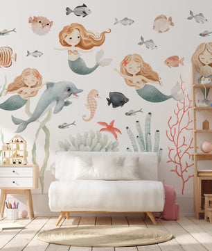 Vinilos decorativos Adhesivos infantiles de Pared animales marinos con algas y sirenas