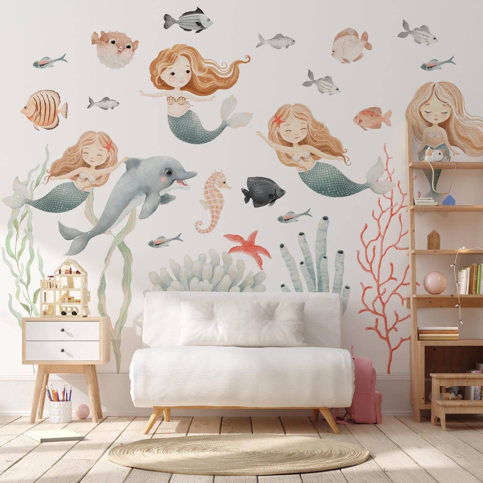 Vinilos decorativos Adhesivos infantiles de Pared animales marinos con algas y sirenas