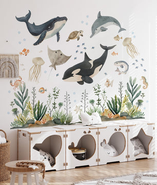 Vinilos decorativos Adhesivos infantiles de Pared animales marinos con algas acuarela