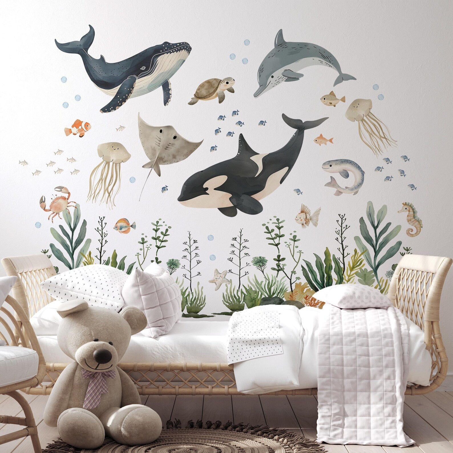 Vinilos decorativos Adhesivos infantiles de Pared animales marinos con algas acuarela