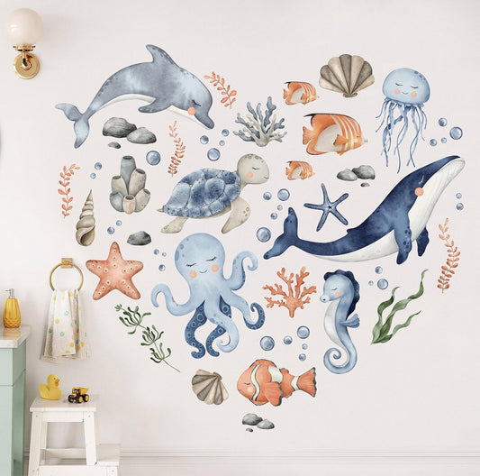Vinilos decorativos Adhesivos infantiles de Pared animales marinos corazon marino acuarela