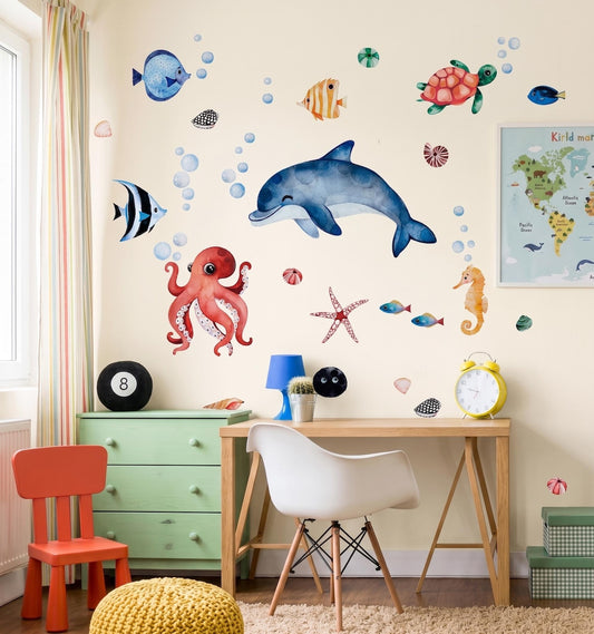 Vinilos decorativos Adhesivos infantiles de Pared animales marinos acuarela colores intensos