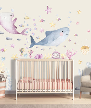 Vinilos decorativos Adhesivos infantiles de Pared animales marinos acuarela rosado