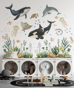 Vinilos decorativos Adhesivos infantiles de Pared animales marinos con algas acuarela