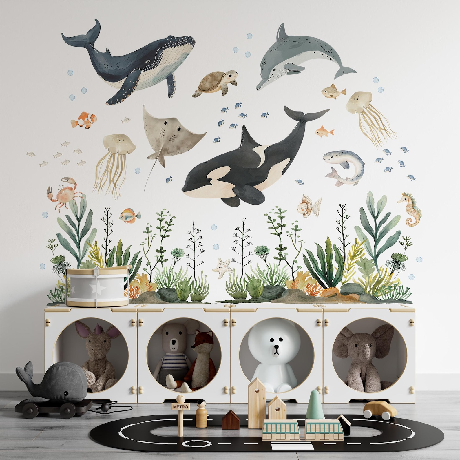 Vinilos decorativos Adhesivos infantiles de Pared animales marinos con algas acuarela