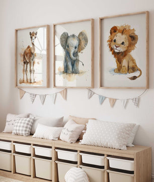 Cuadros Decorativos infantiles Modernos Animales acuarela leon, camello y elefante