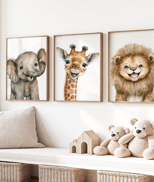 Cuadros Decorativos infantiles Modernos Animales Sonrientes Leon, Jirafa Elefante