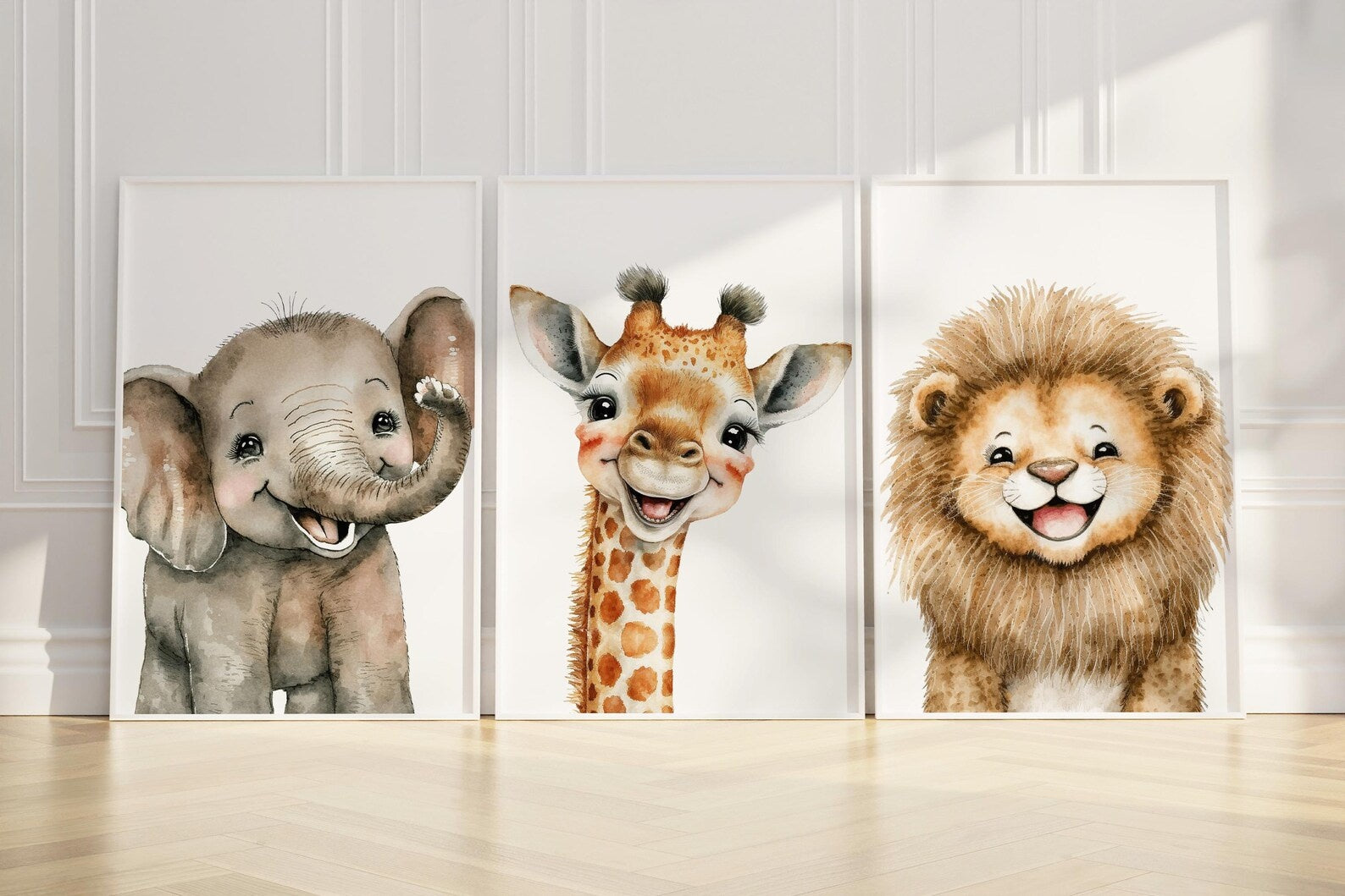 Cuadros Decorativos infantiles Modernos Animales Sonrientes Leon, Jirafa Elefante