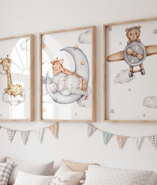 Cuadros Decorativos infantiles Modernos Animales en el cielo jirafa, elefante y oso