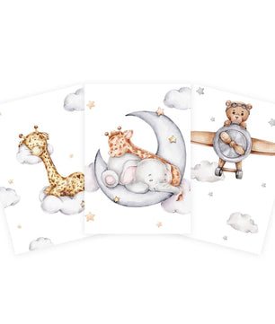 Cuadros Decorativos infantiles Modernos Animales en el cielo jirafa, elefante y oso