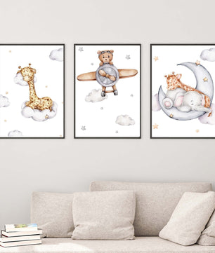 Cuadros Decorativos infantiles Modernos Animales en el cielo jirafa, elefante y oso