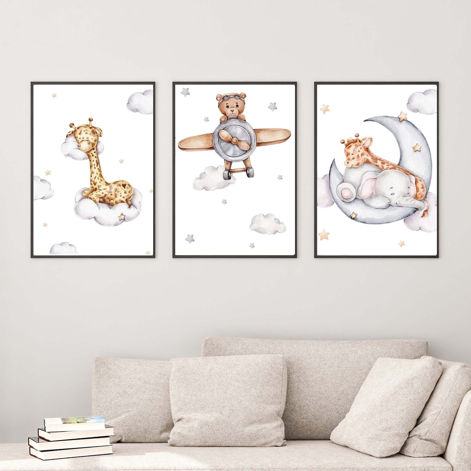 Cuadros Decorativos infantiles Modernos Animales en el cielo jirafa, elefante y oso