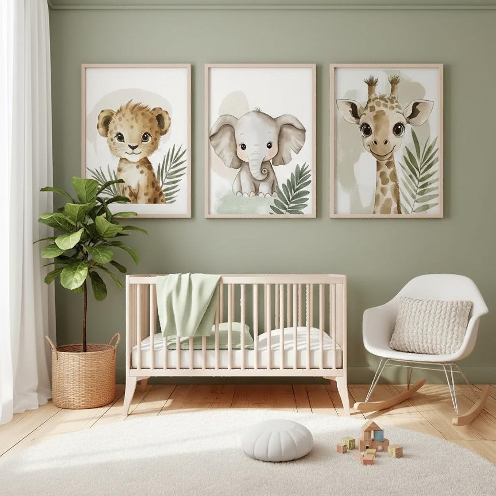 Cuadros Decorativos infantiles Modernos Animales jungla verde leon, elefante y jirafa