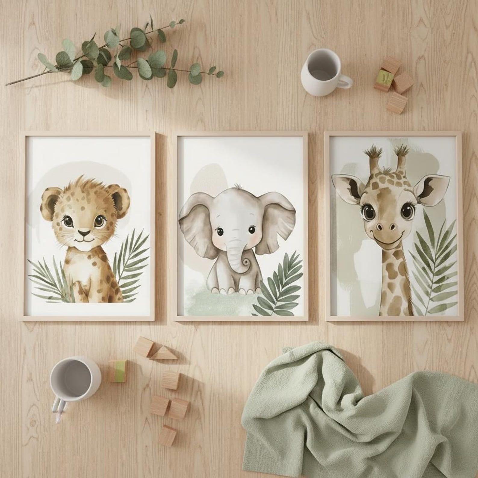 Cuadros Decorativos infantiles Modernos Animales jungla verde leon, elefante y jirafa
