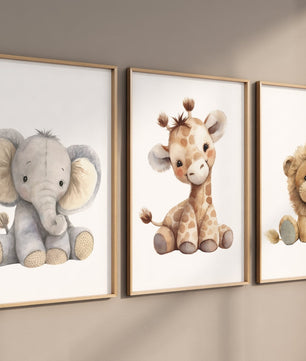 Cuadros Decorativos infantiles Modernos Animales tiernos leon, jirafa y elefante