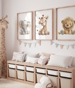 Cuadros Decorativos infantiles Modernos Animales tiernos leon, jirafa y elefante