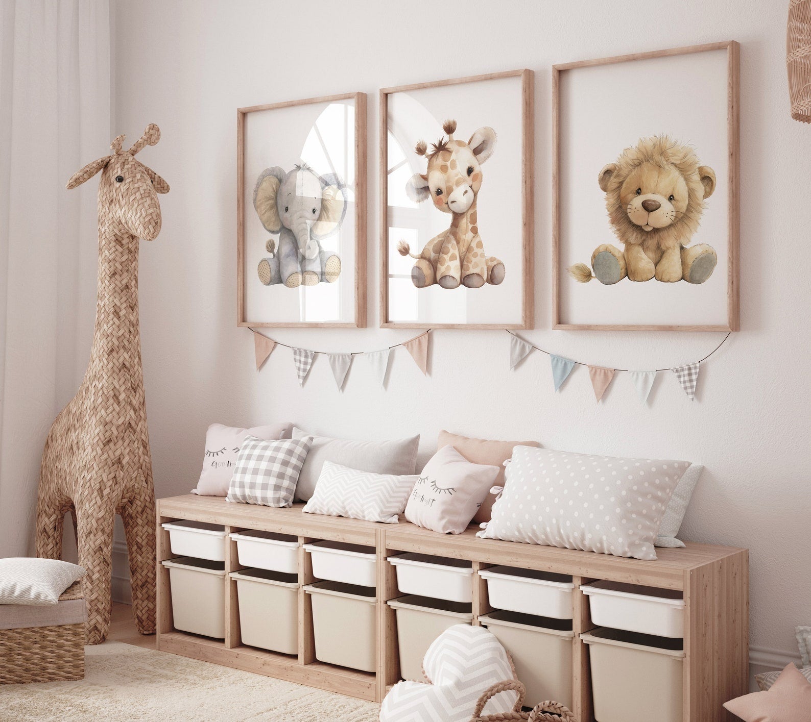 Cuadros Decorativos infantiles Modernos Animales tiernos leon, jirafa y elefante