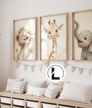 Cuadros Decorativos infantiles Modernos Animales tiernos leon, jirafa y elefante 2