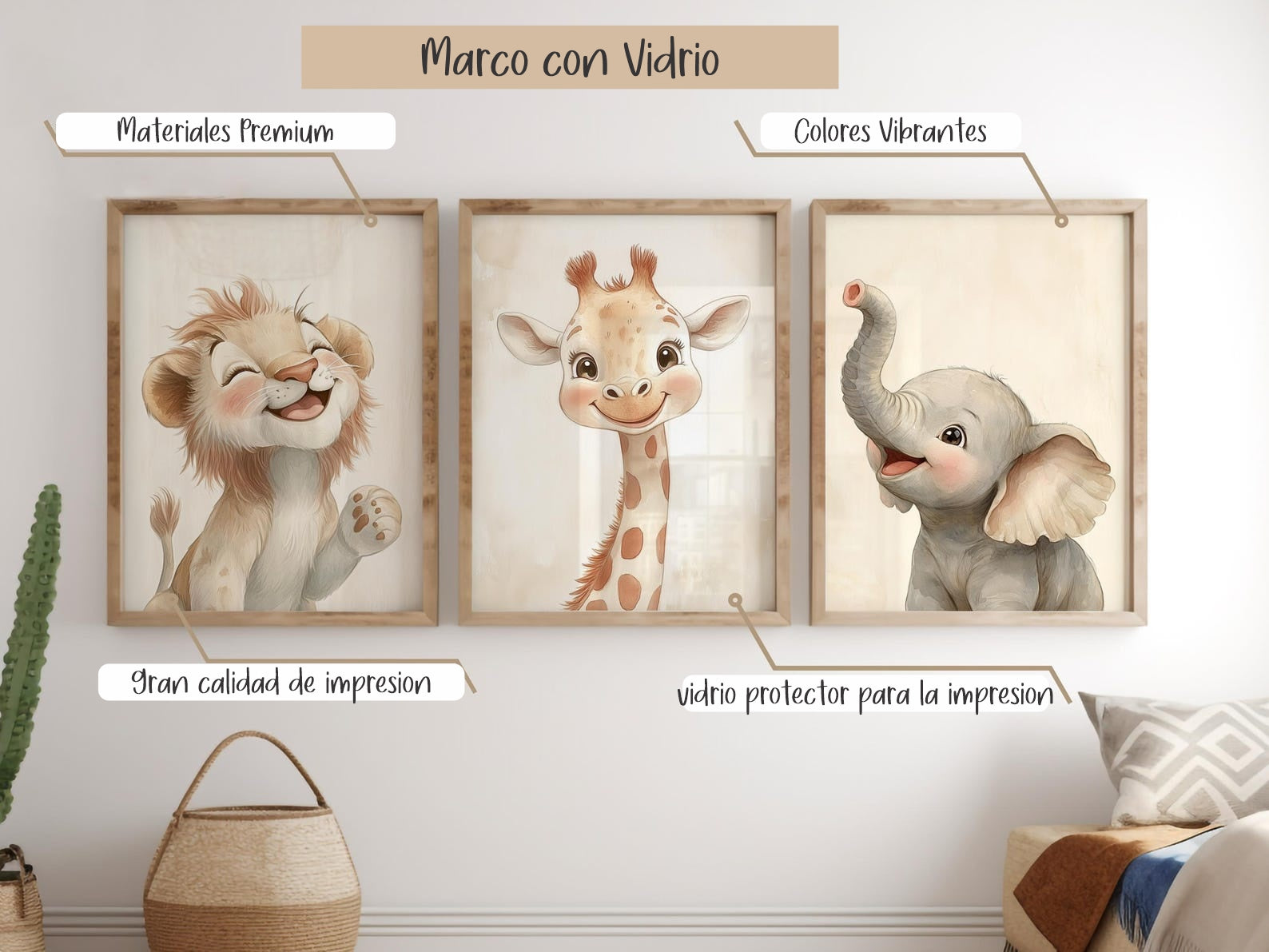 Cuadros Decorativos infantiles Modernos Animales tiernos leon, jirafa y elefante 2
