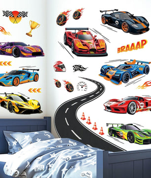 Vinilos decorativos Adhesivos infantiles de Pared Carro hot weel con pista