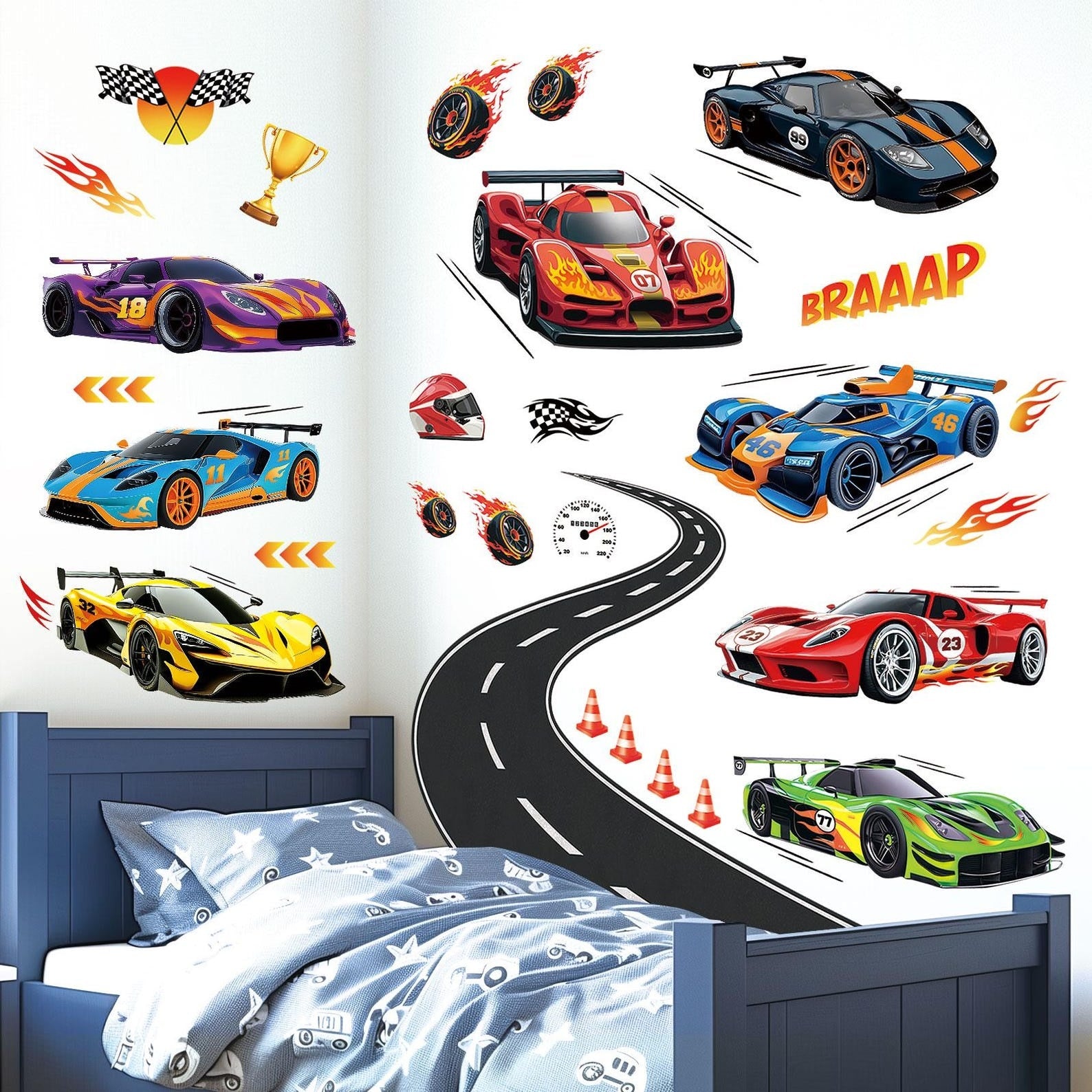 Vinilos decorativos Adhesivos infantiles de Pared Carro hot weel con pista