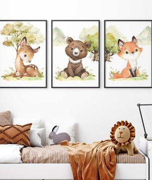 Cuadros Decorativos infantiles Modernos Animales del bosque oso, zorro y venado