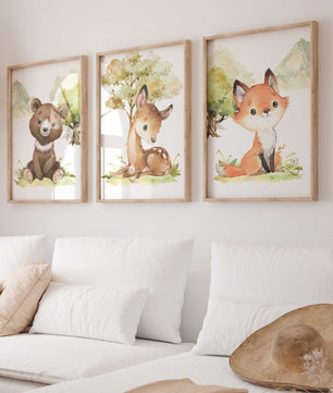 Cuadros Decorativos infantiles Modernos Animales del bosque oso, zorro y venado