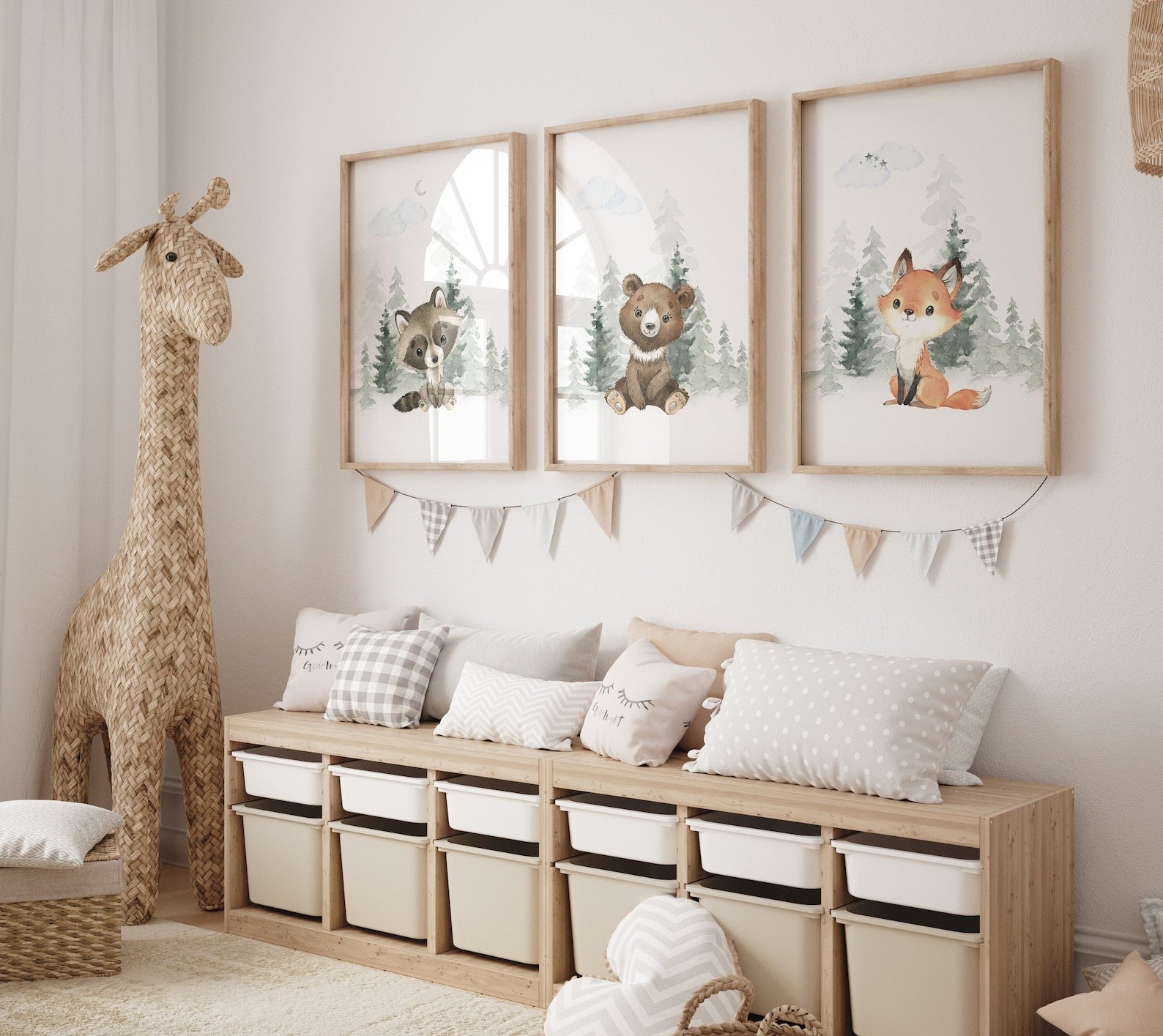 Cuadros Decorativos infantiles Modernos Animales del bosque oso, zorro y Mapache