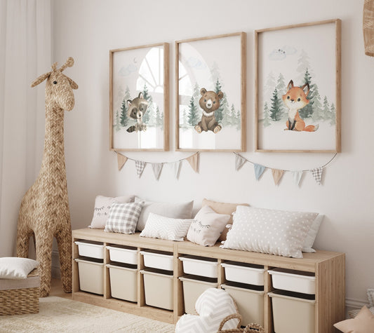 Cuadros Decorativos infantiles Modernos Animales del bosque oso, zorro y Mapache