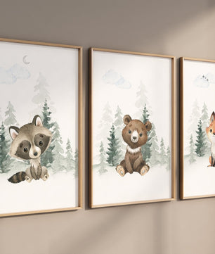 Cuadros Decorativos infantiles Modernos Animales del bosque oso, zorro y Mapache