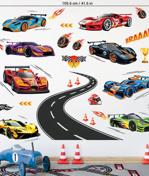 Vinilos decorativos Adhesivos infantiles de Pared Carro hot weel con pista