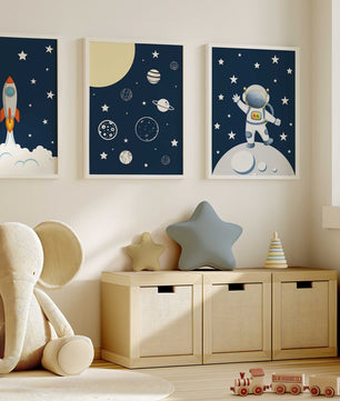 Cuadros Decorativos infantiles Modernos Astronautas, cohete y Galaxia