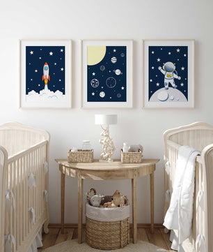 Cuadros Decorativos infantiles Modernos Astronautas, cohete y Galaxia