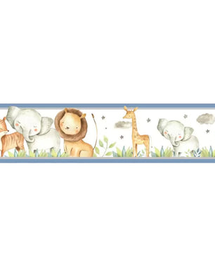 Cenefa infantil adhesiva Animales de safari en acuarela
