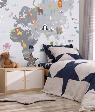 Papel para paredes Mapa mundial con animales salvajes