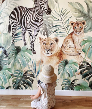 Papel para paredes animales de safari con hojas acuarela