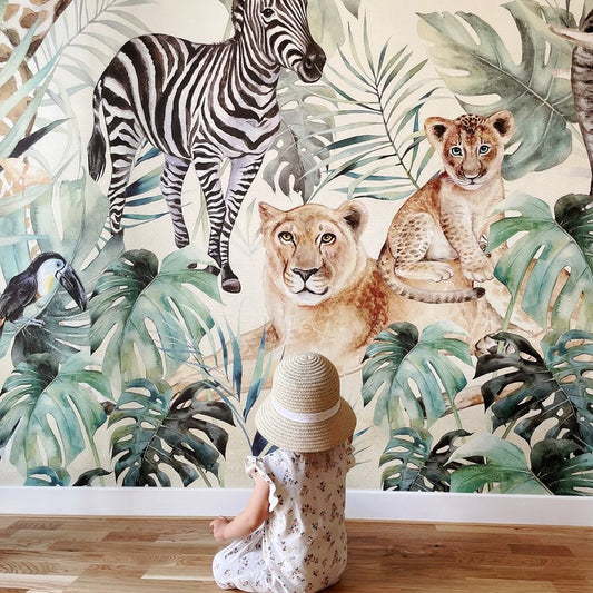 Papel para paredes animales de safari con hojas acuarela