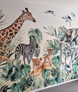 Papel para paredes animales de safari con hojas acuarela