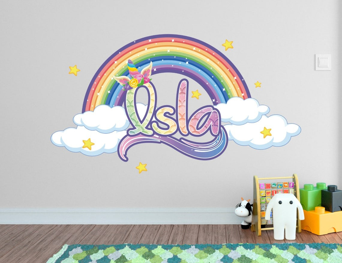 Vinilos decorativos Adhesivos infantiles de Pared nombre unicornio colorido niña (0079)