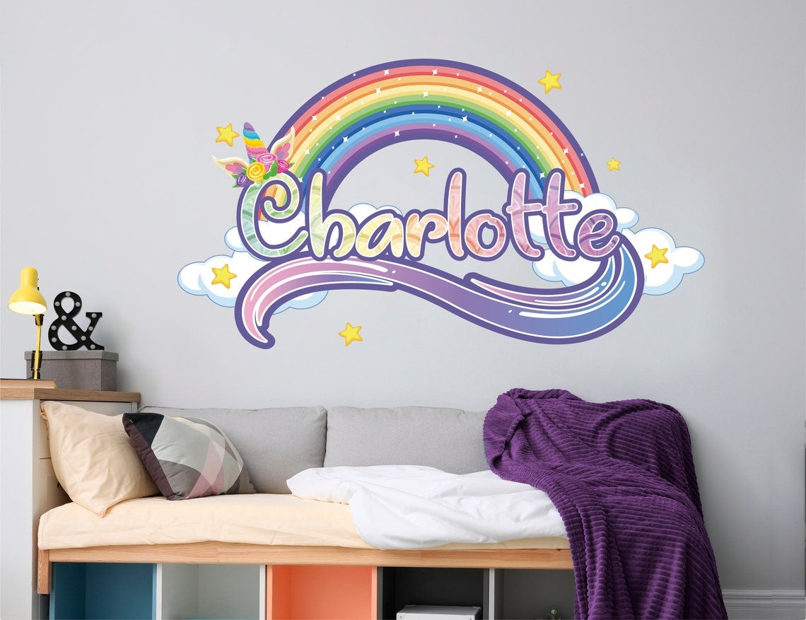 Vinilos decorativos Adhesivos infantiles de Pared nombre unicornio colorido niña (0079)