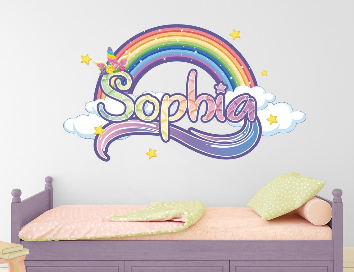 Vinilos decorativos Adhesivos infantiles de Pared nombre unicornio colorido niña (0079)