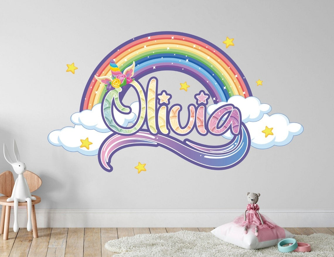 Vinilos decorativos Adhesivos infantiles de Pared nombre unicornio colorido niña (0079)